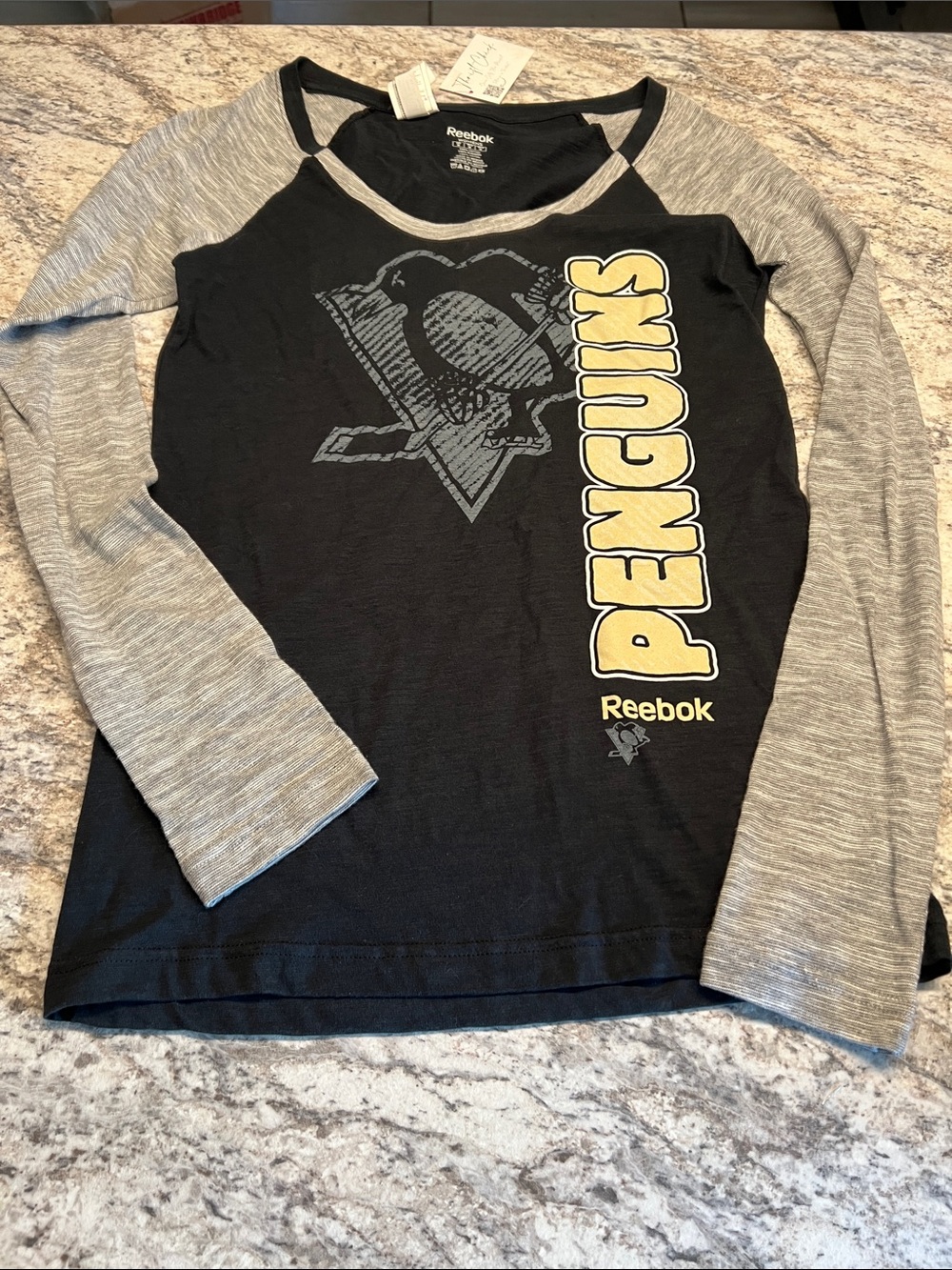 Reebok Pittsburgh Penguins NHL Black Gold & Gray Raglan Long Sleeve Tee EUC